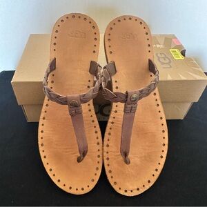 UGG Women's Bria Braided Brown Leather Thong Sandals Size 10